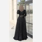 پیراهن مجلسی زنانه دانتل چمنی مشکی سنگدوزی شده کاپدار سایز بزرگ - تصویر 3