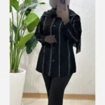 شومیز مانتویی حریر ژاکارد مشکی زنانه