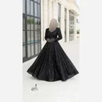 پیراهن مجلسی زنانه دانتل چمنی مشکی سنگدوزی شده کاپدار سایز بزرگ - تصویر 2