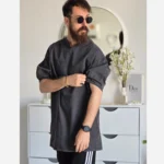 تیشرت مردانه یقه کوبایی لی کاغذی آستین کش رنگ آبی و ذغالی - تصویر 4