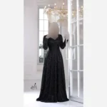 پیراهن مجلسی زنانه دانتل چمنی مشکی سنگدوزی شده کاپدار سایز بزرگ - تصویر 7