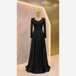 پیراهن مجلسی زنانه دانتل چمنی مشکی سنگدوزی شده کاپدار سایز بزرگ - تصویر 8